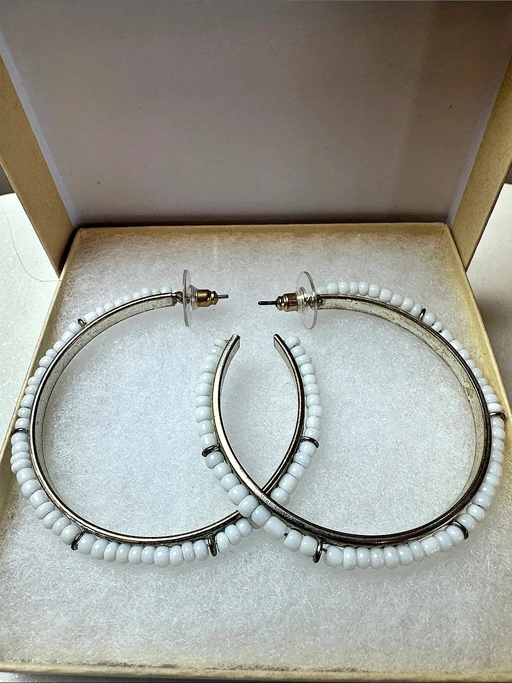Beaded Hoop Earrings in White & Gold Like New